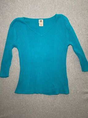 Faded Glory Women's Ribbed V-Neck Sweater - Teal Size Large FLAWED